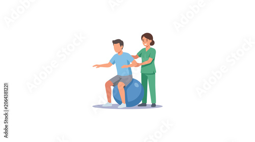 Physical Therapist Assisting Patient with Exercise Ball Rehabilitation