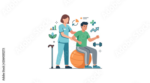 Physiotherapist Helping Patient with Rehabilitation Exercises on Fitness Ball