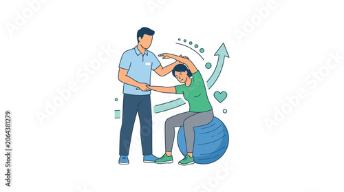 Physical Therapist Assisting Patient with Exercise Ball Stretching