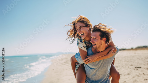 Couple in love enjoying summer by the sea. A joyful young woman piggybacking on her boyfriend, laughing and having fun. Romantic beach date, sun, ocean breeze, and genuine happines