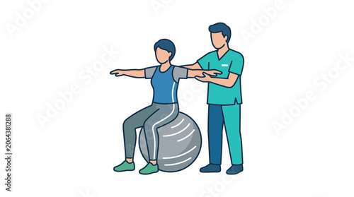 Physical Therapist Assisting Patient with Exercise Ball Rehabilitation