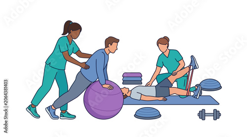 Physical Therapy Session with Patients and Physiotherapists