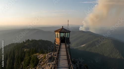 Fire lookout tower on a mountain peak, overlooking forest and smoke in the distance wooden platform trees