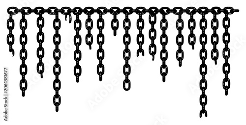 Fotografija Metal chains hanging vertically with broken links in graphic ink style