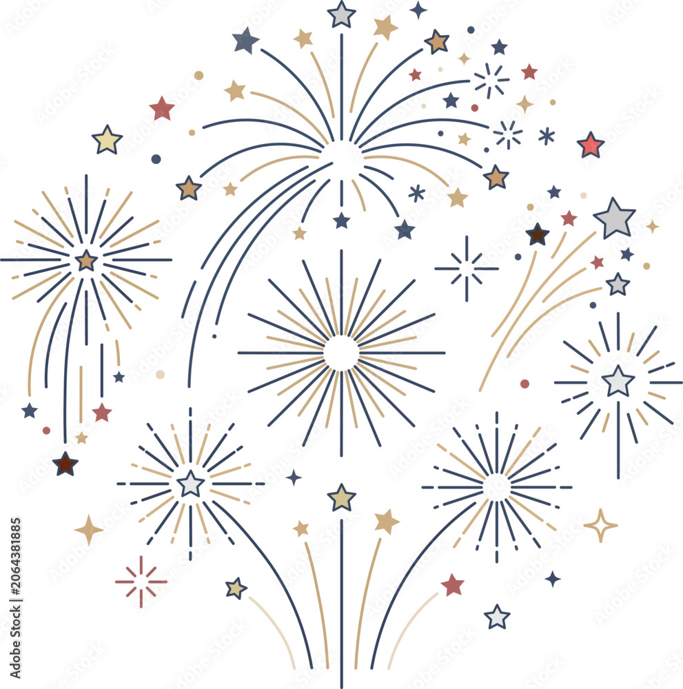 Obraz premium Festive fireworks and stars celebration vector. A vibrant burst of fireworks and star sparkles on a white background, styled in a muted red, blue, and gold patriotic color palette.