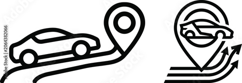Car location pin icons, automotive GPS tracking symbols, vehicle navigation map markers, black line art vector set for transport apps