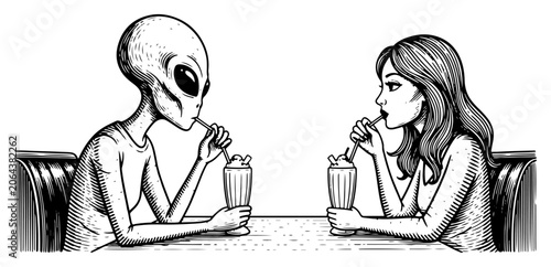 Bild auf Leinwand Alien and woman drinking milkshakes in diner booth in vintage engraving style