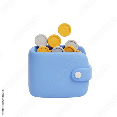 Blue 3D wallet with yellow and gray coins spilling out