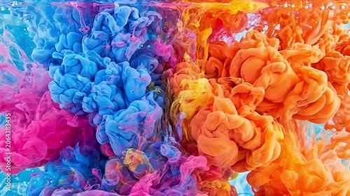 Slow motion macro tracking shot of colored ink clouds swirling and mixing in water tank studio, vibrant blue pink orange pigments diffusing underwater