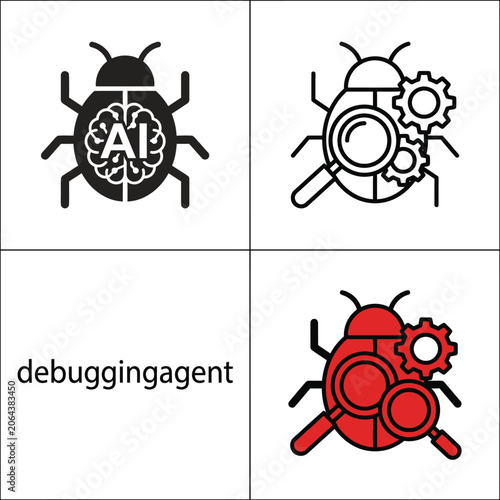 Debugging agent vector icon. bug with brain and gears. ai concept for bug fixing.