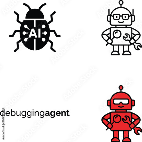 Debugging agent vector icon. bug and robot with wrench. ai concept for bug fixing.