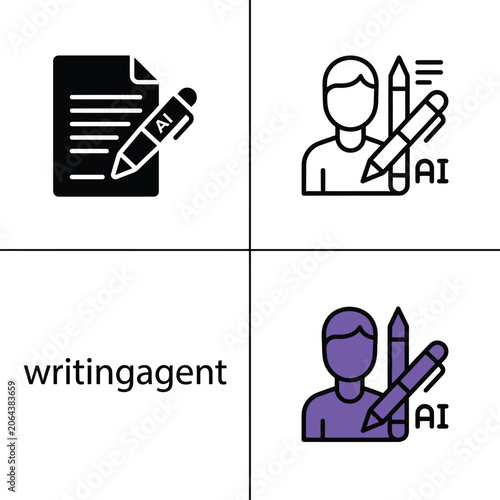 Writing agent artificial intelligence concept set with document and pen design elements.