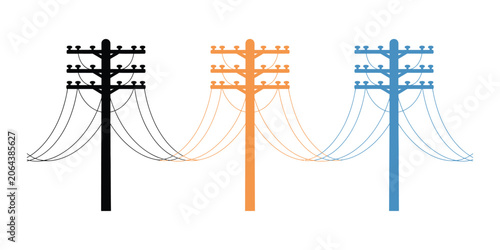 Power Transmission Tower Icon Featuring High Voltage Electricity Network, Utility Infrastructure, Flat Line Design, and Vector Illustration.