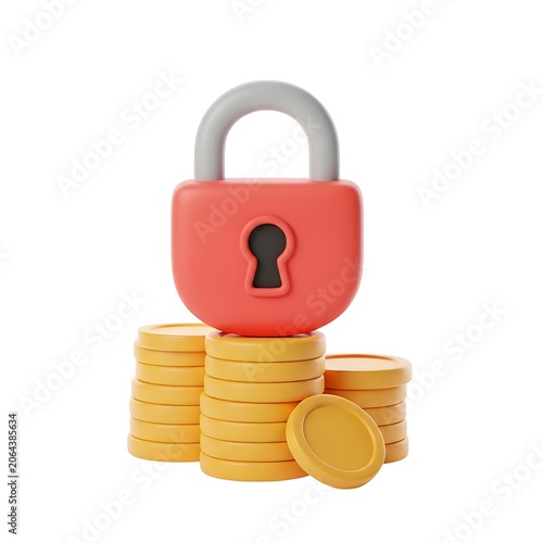 3D Illustration of Red Padlock on Stack of Gold Coins