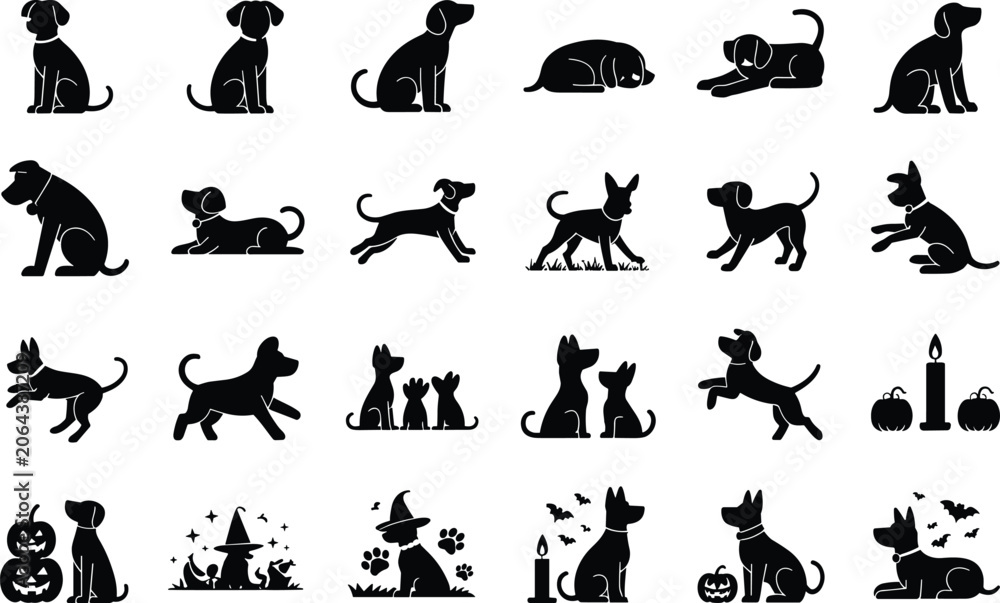 Obraz premium Dog silhouette collection with various breeds and poses for pet design and animal project