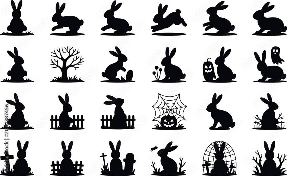 Obraz premium Set of rabbit silhouettes for easter and halloween themes in minimalist graphic vector style