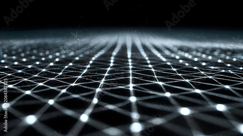 Glowing digital network mesh with bright interconnected nodes and particles floating in a deep dark abstract virtual space environment scene
