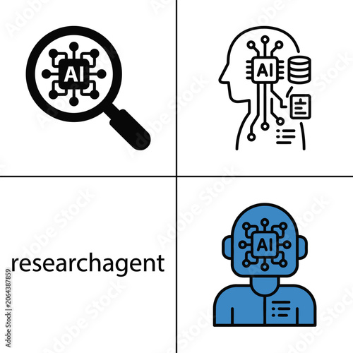 Research agent vector icon set showing ai brain with database and neural circuit analytics.