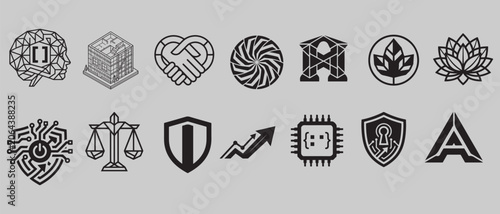 Fotografía Collection of fourteen grayscale vector logos featuring geometric shapes hands a