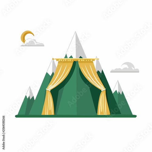 Tent in Mountains with Moon and Clouds