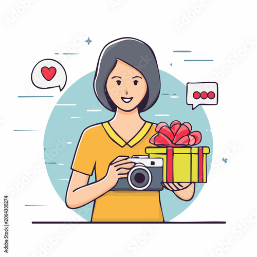 Woman holding camera and gift box with social media icons