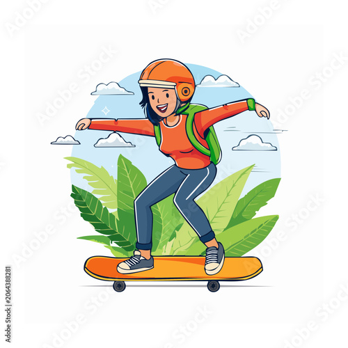 Woman skateboarding with backpack and helmet outdoors