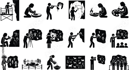 Φωτογραφία Comprehensive vector icon set illustrating prehistoric cave painting creation, a