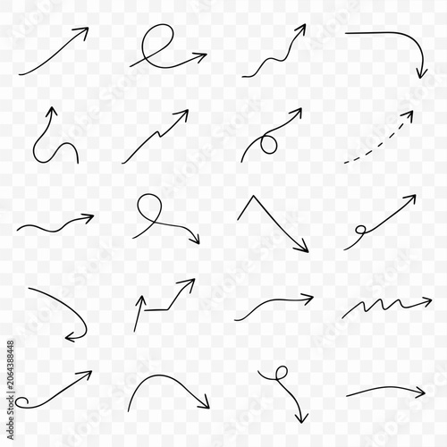 Hand drawn arrow set with doodle style elements, black ink scribbles for web design and infographic use