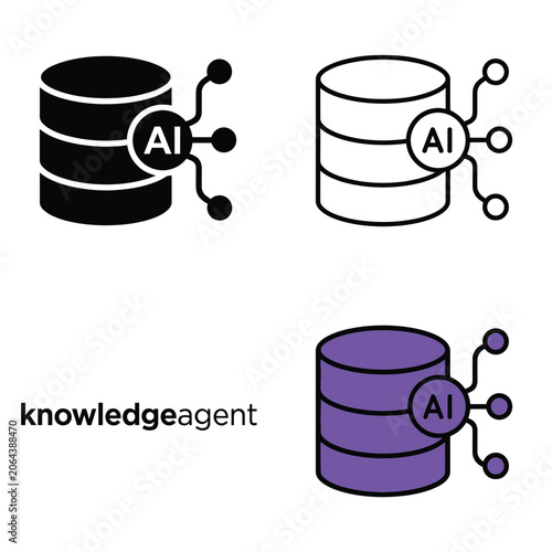 Artificial intelligence knowledge agent concept: database icon set with AI neural network symbol.
