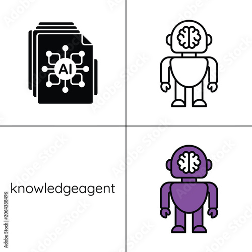 Artificial intelligence knowledge agent concept: document icon and robot with AI brain symbol.