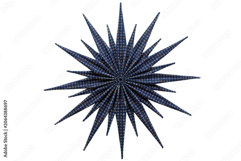 Fototapeta premium A dark blue starburst graphic explodes outward in a symmetrical pattern on a plain white background.