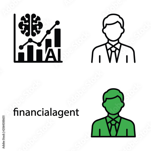 Artificial intelligence financial agent concept: bar chart with AI brain symbol and businessman.