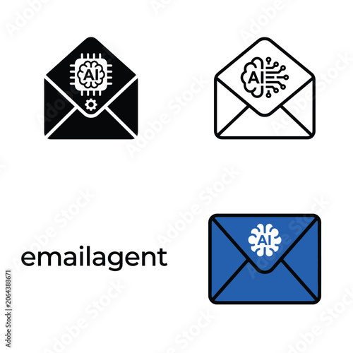 Artificial intelligence email agent concept: envelope icon with AI neural network chip symbol.