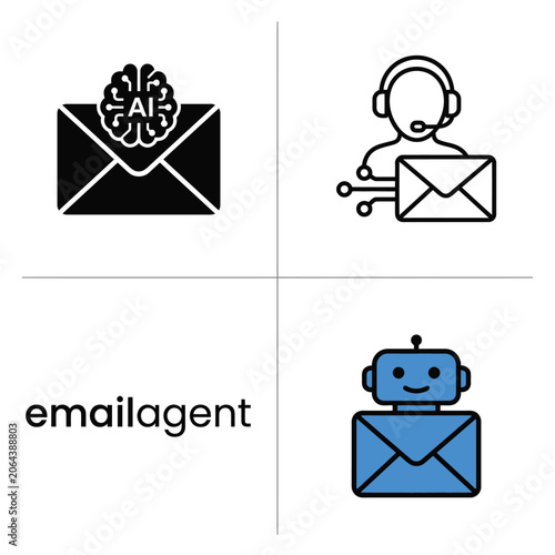 Email agent artificial intelligence icons set for business communication and digital systems.