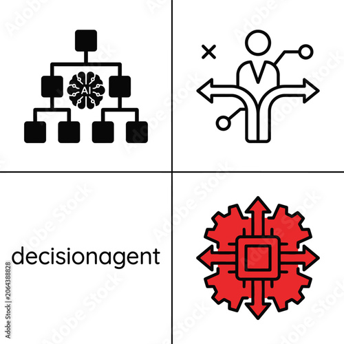 Decision agent artificial intelligence icons representing logical choices and smart planning.