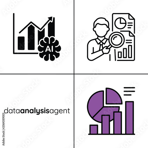 Data analysis agent icons illustrating graphical metrics and financial reporting intelligence.