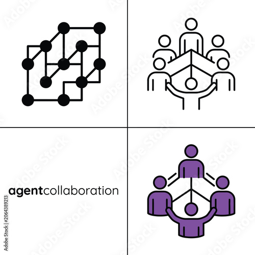 Agent collaboration icon set showing connected network of people team members group tasking.