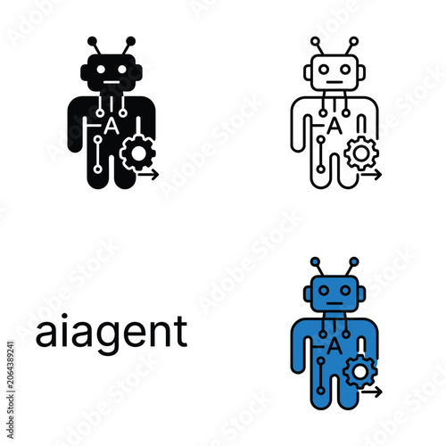 Ai agent icon set showing robot machine with gear component intelligence system character.