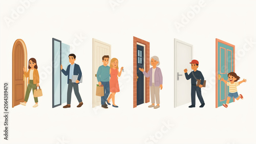 Schilderij op canvas Illustrated people walking through progressively taller doors into an abstract s