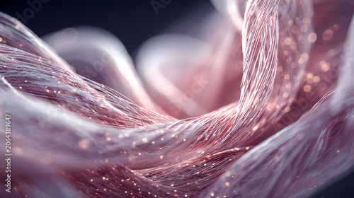 Abstract glowing fiber optic cables showing flowing data streams with soft pink light and intricate metallic textures in dark space