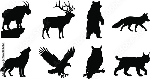 Canvastavla Wild animals and predatory birds silhouette vector icon set isolated on white ba