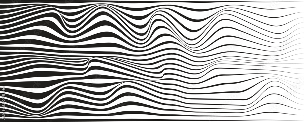 Naklejka premium Abstract wave pattern with black-white striped lines. Creative background. Op art, optical illusion. Modern design, graphic texture.
