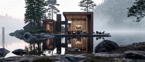 Contemporary luxury villa nestled beside a tranquil lake surrounded by mist-covered forest and mountains.
