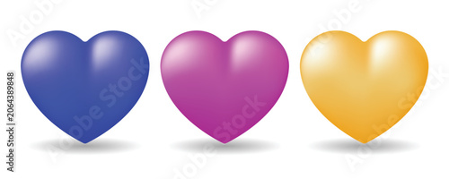 3d heart icons set in blue, purple, and yellow colors