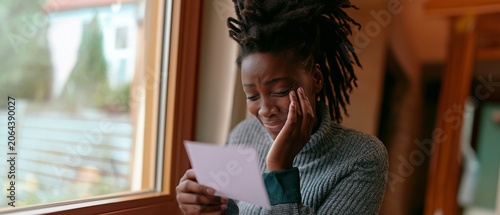 A young woman stands by a window reading a letter or document while wiping away tears. emotions of sadness, grief, disappointment