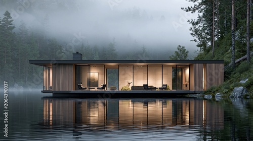 Contemporary luxury villa nestled beside a tranquil lake surrounded by mist-covered forest and mountains.