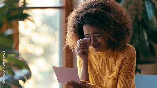 A young woman stands by a window reading a letter or document while wiping away tears. emotions of sadness, grief, disappointment