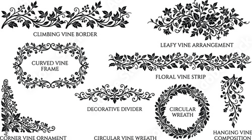 Floral vine silhouette collection with decorative borders frames circular wreaths dividers and elegant corner ornaments vector illustration in image_d1d73f.png