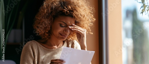 A young woman stands by a window reading a letter or document while wiping away tears. emotions of sadness, grief, disappointment