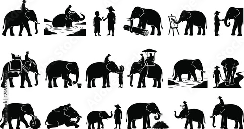 Bild auf Leinwand Vector silhouette icons of elephants working interacting with mahouts and touris